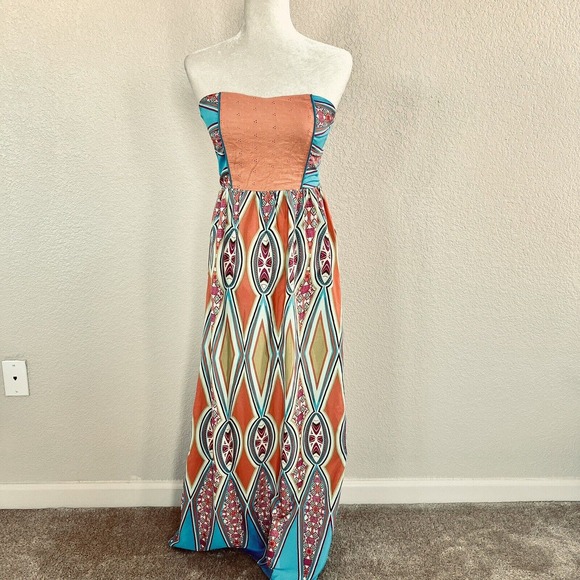 Anthro Flying Tomato Long Maxi Dress Sz Small Sleeveless Floral Blue Coral Pink - Picture 1 of 15